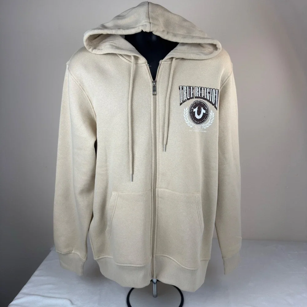 True Religion Mens College HS Zip Hoodie Fog Beige Graphic Sweatshirt Large 44